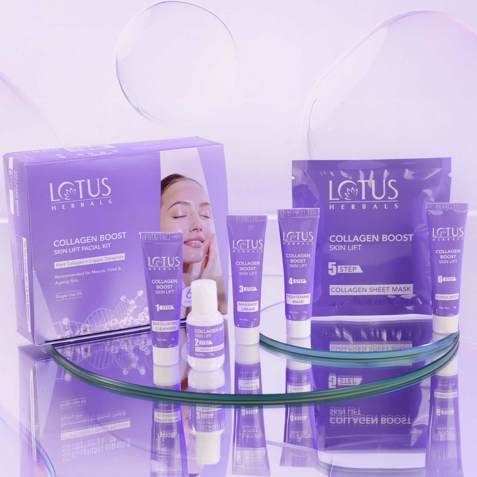 Lotus Herbals Collagen Boost 6-Step Skin Lift Facial Kit with Plant Collagen + Copper tripeptide