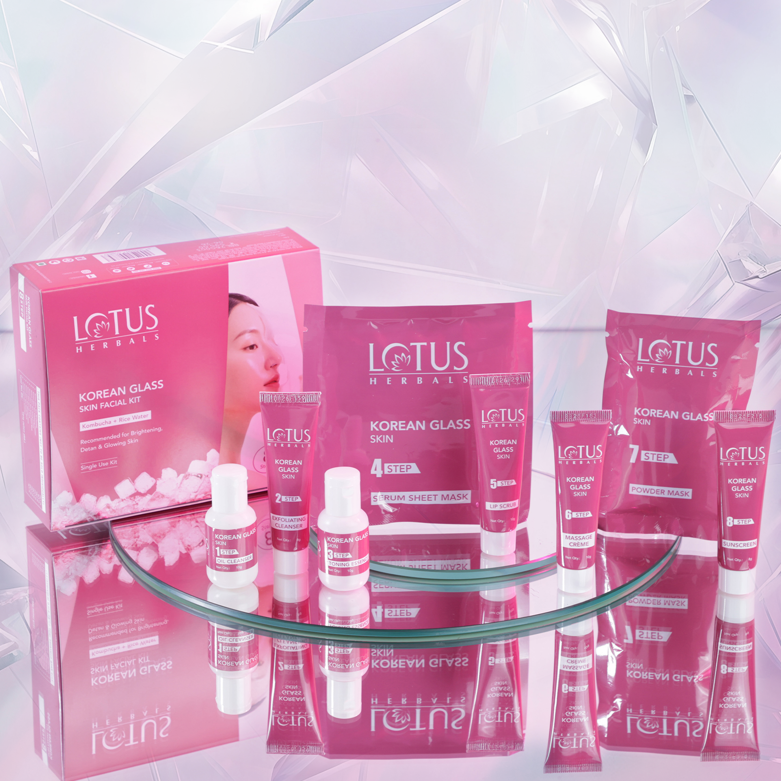 Lotus Herbals Korean Glass 8-Step Skin Facial Kit with Kombucha & Rice Water
